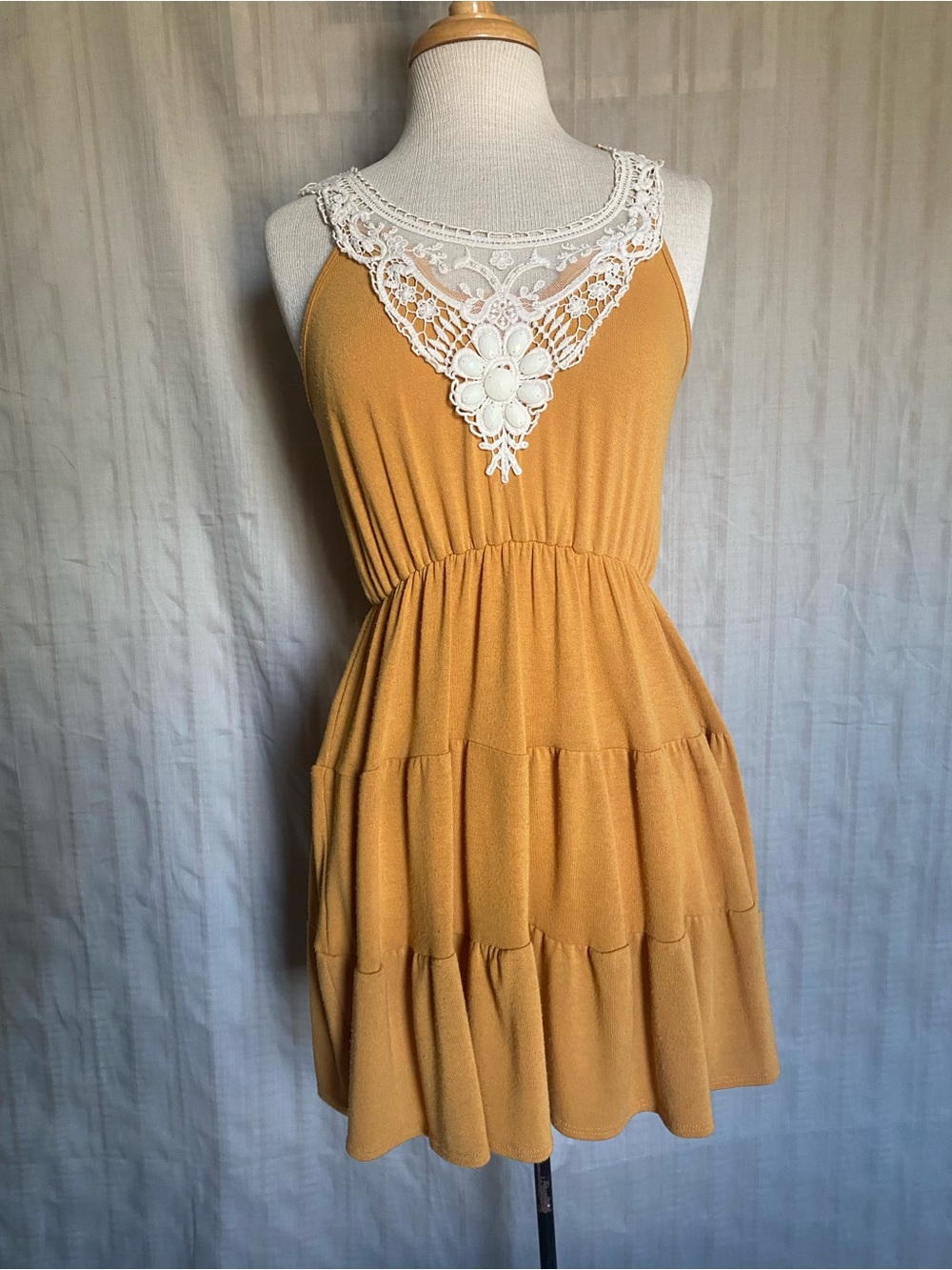 A'gaci Mustard Yellow Lace-Trim w/ Beadwork Tiered Sundress